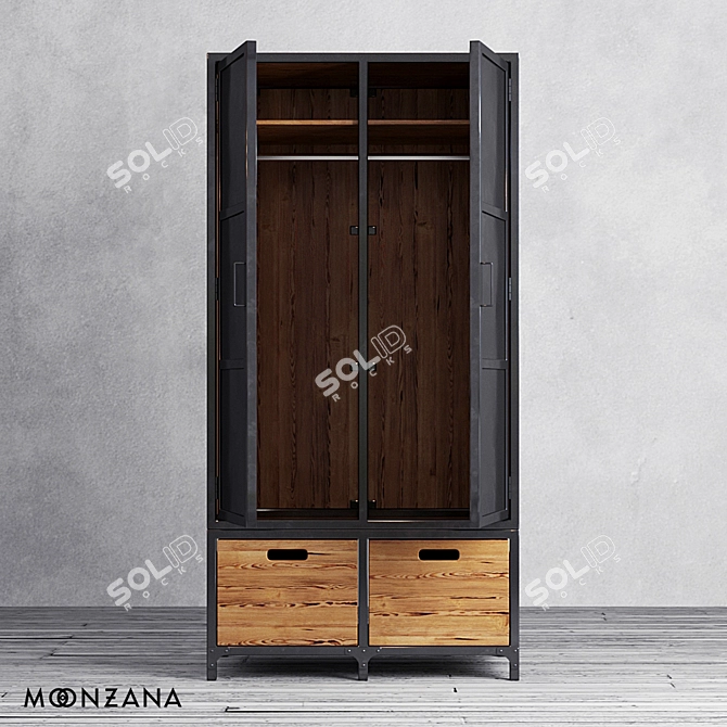 Rustic Pine Wood Wardrobe with Metal Accents 3D model image 3