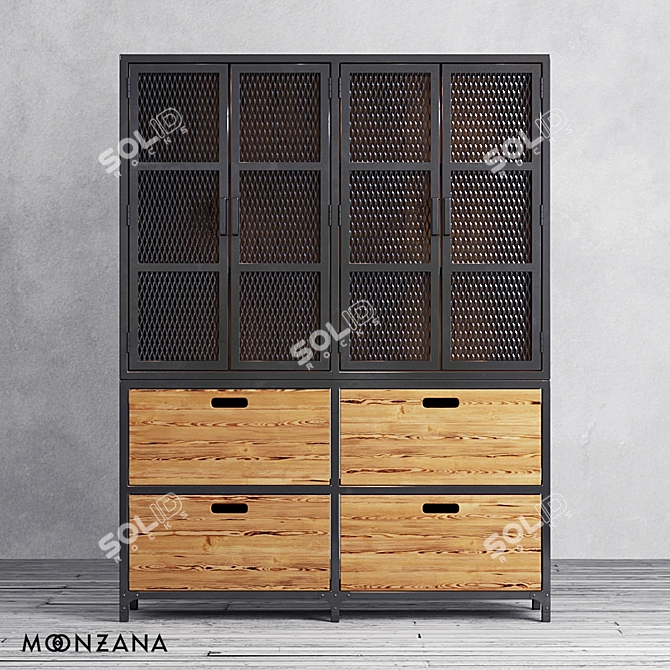 Rustic Pine Sideboard with Metal Frame 3D model image 2