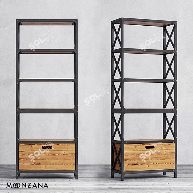 Moonzana OM Rack Factoria: Rustic Pine & Metal 199cm 3D model image 1