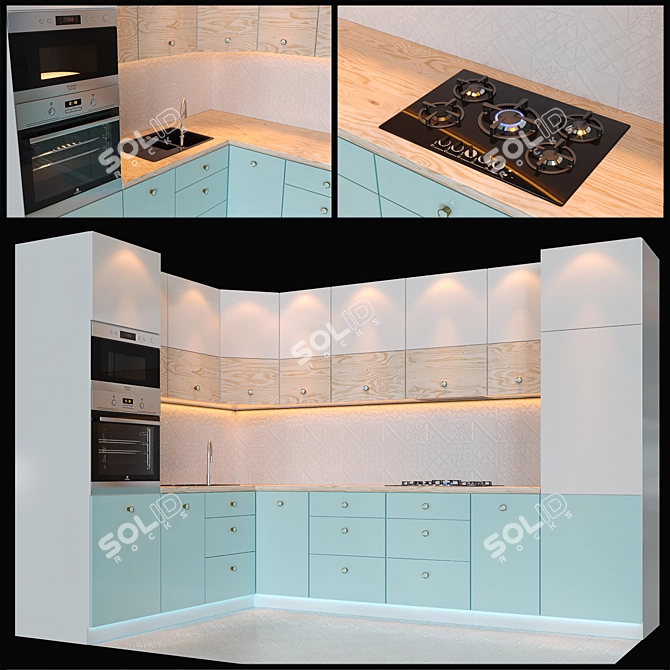 Modern Kitchen Set with Gas Cooktop, Oven, Microwave, Sink & Mixer 3D model image 1