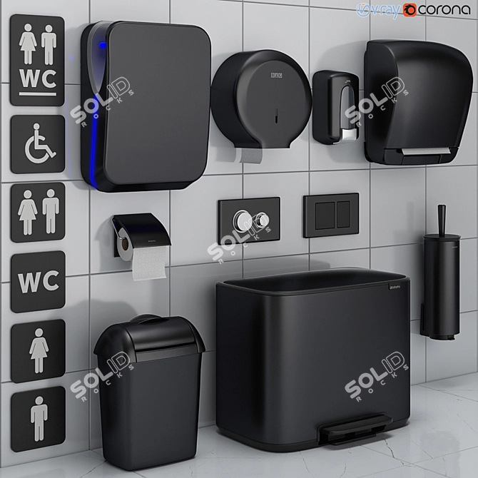 Modern Black Bathroom Accessories Set 3D model image 1