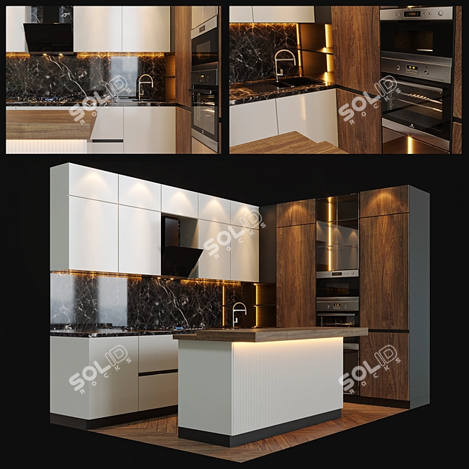 Modern Kitchen Set | Gas Cooktop, Oven, Microwave, Sink, Mixer 3D model image 1