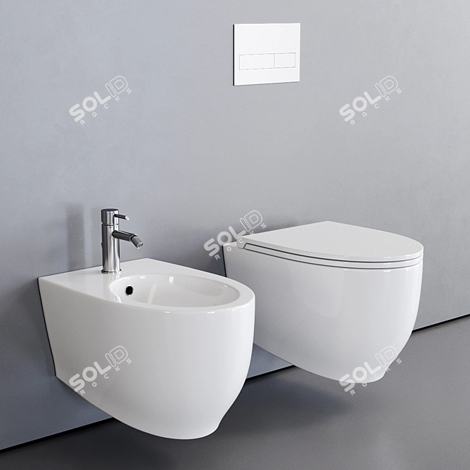 Sleek Fox Wall-Hung Toilet & Bidet Set 3D model image 1