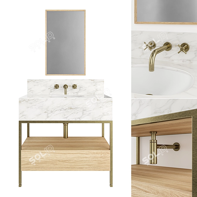 Clyde Single Metal Vanity: Modern Design with Brass, Marble, and Oak Options 3D model image 1