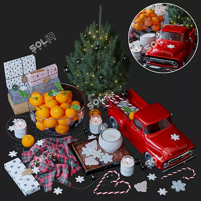 Festive Christmas Decor Set: Mandarins, Tree & Toy Car 3D model image 1