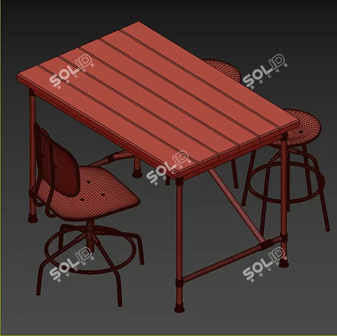 Rustic Pine Desk and Chairs 3D model image 3