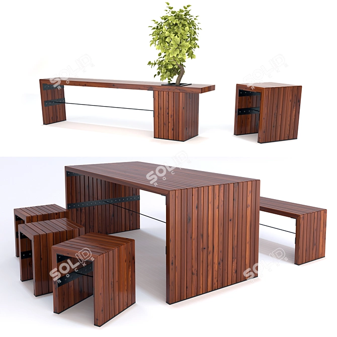 Outdoor Garden Bench & Table Set 3D model image 1