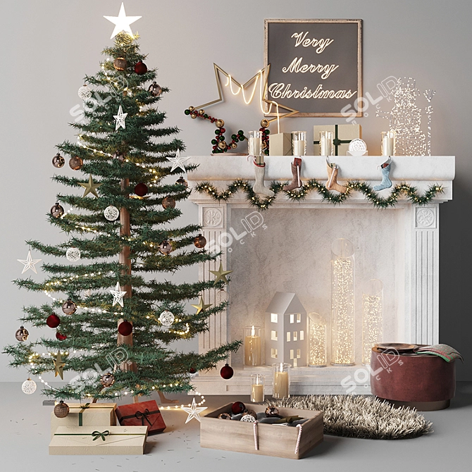 Festive Holiday Decor: Fireplace, Lights, Tree 3D model image 1