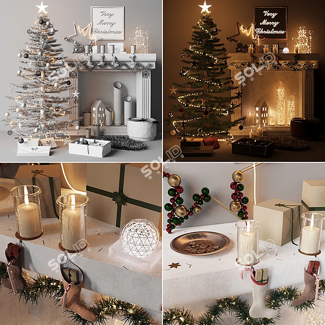 Festive Holiday Decor: Fireplace, Lights, Tree 3D model image 2