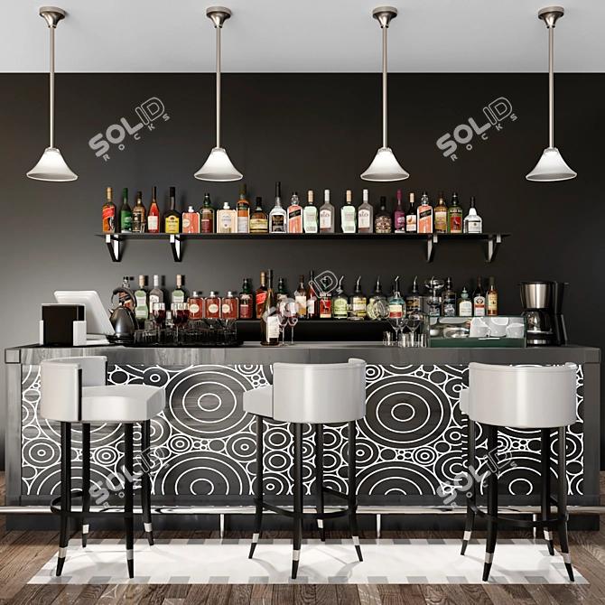 Sleek Bar Counter Set: Alcohol, Cocktails, Lamp, Chair, Cash Desk, Coffee Maker 3D model image 1