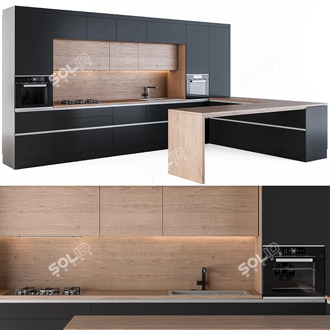 Sleek L-shaped Black Kitchen 3D model image 1