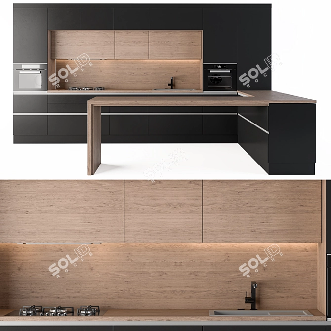 Sleek L-shaped Black Kitchen 3D model image 2