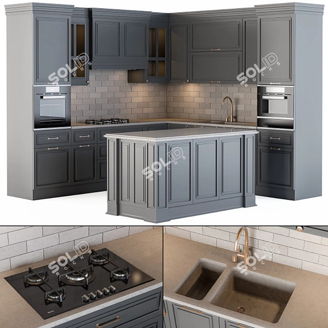 Sleek Black Kitchen Set 3D model image 1