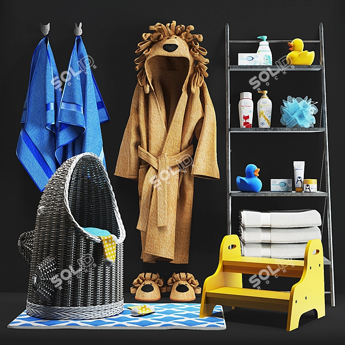 Shark Basket, Marlo Bath Mat, Kids' Animal Robe & Slippers, Yellow Trugen Step Stool 3D model image 4