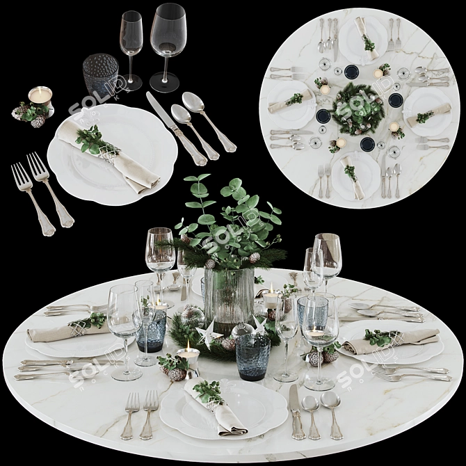 Festive Table Setting: Plates, Glasses, Vase, Candle, Cutlery & Decor 3D model image 1