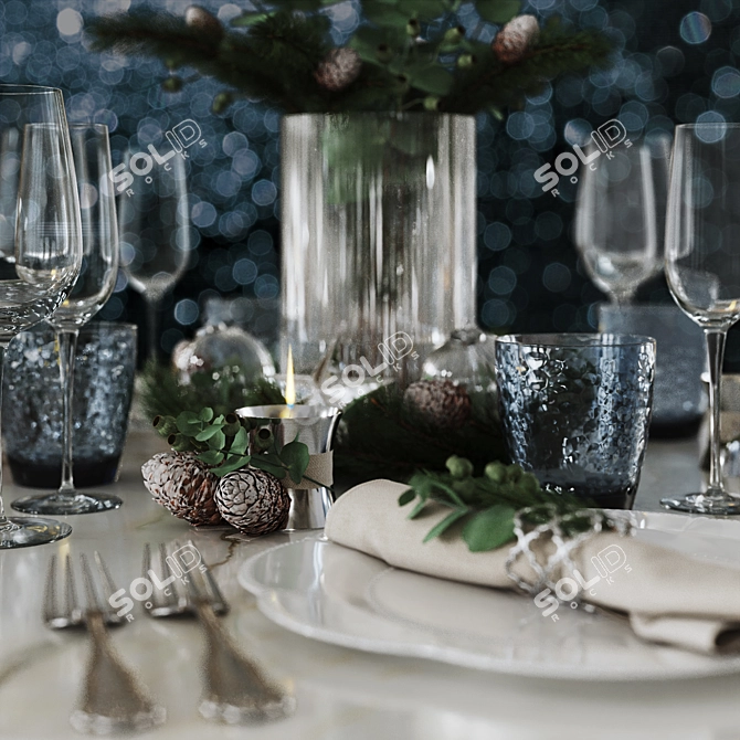 Festive Table Setting: Plates, Glasses, Vase, Candle, Cutlery & Decor 3D model image 4