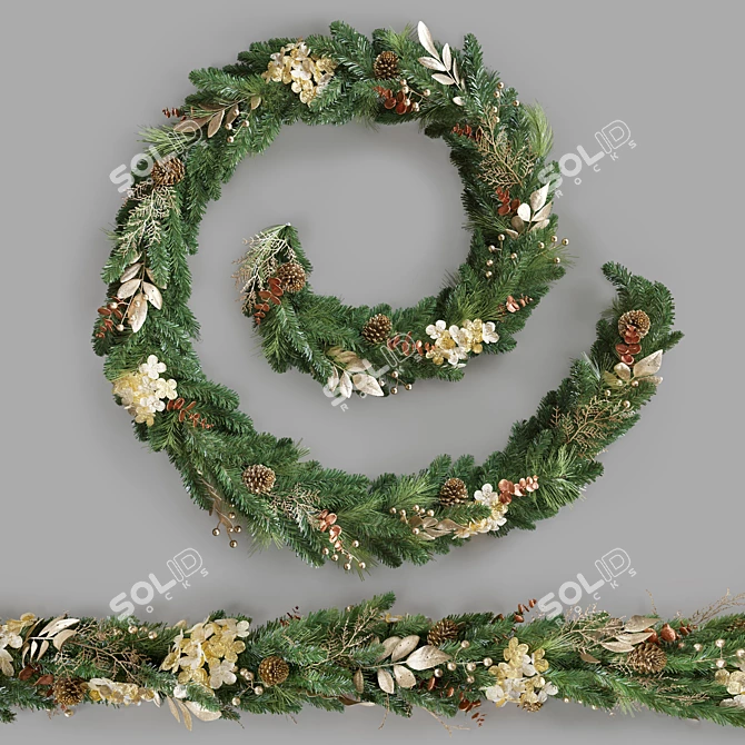 Golden Hydrangea Christmas Garland: Festive Holiday Decor 3D model image 1