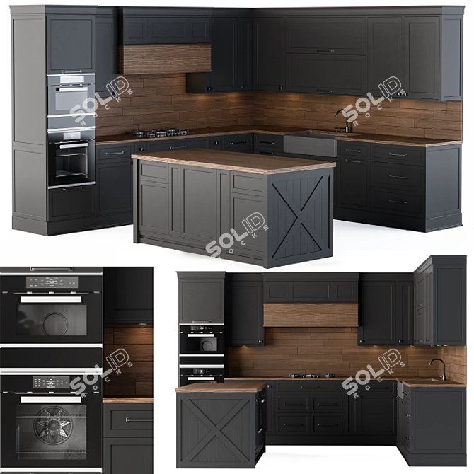 Modern Black Wood Kitchen 3D model image 1