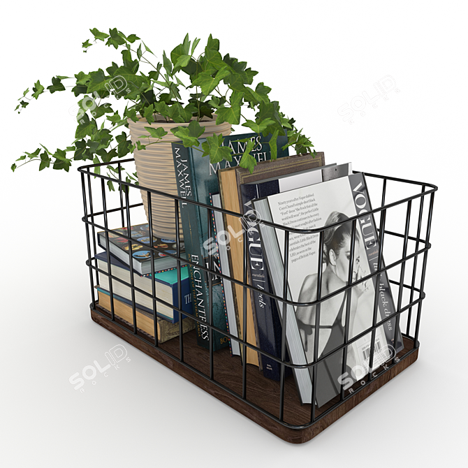 Rustic Metal & Wood Basket with Books and Ivy 3D model image 1