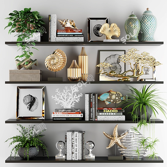 Exquisite Decorative Set with Plants, Vases, and Statuettes 3D model image 1