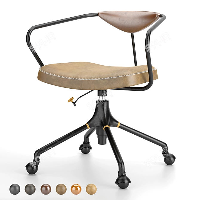 Title: Akron Desk Chair: Solid Oak, Hand-Stitched Leather 3D model image 2