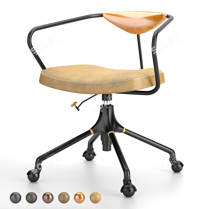 Title: Akron Desk Chair: Solid Oak, Hand-Stitched Leather 3D model image 3