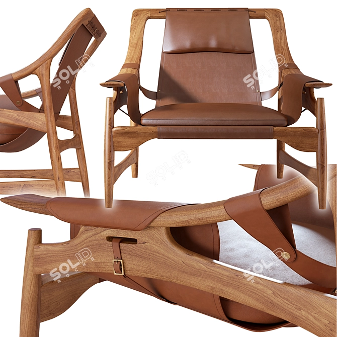 Dynamic Teak & Leather Lounge Chair 3D model image 1