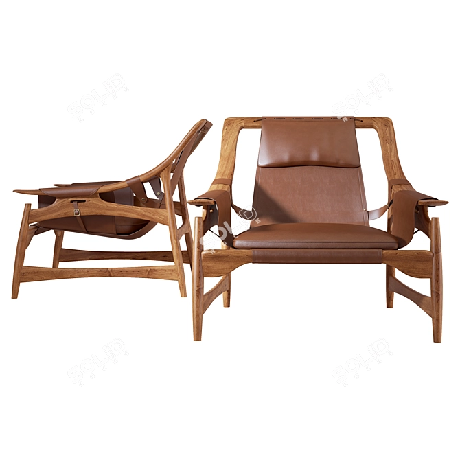 Dynamic Teak & Leather Lounge Chair 3D model image 2