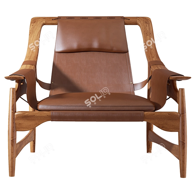 Dynamic Teak & Leather Lounge Chair 3D model image 3