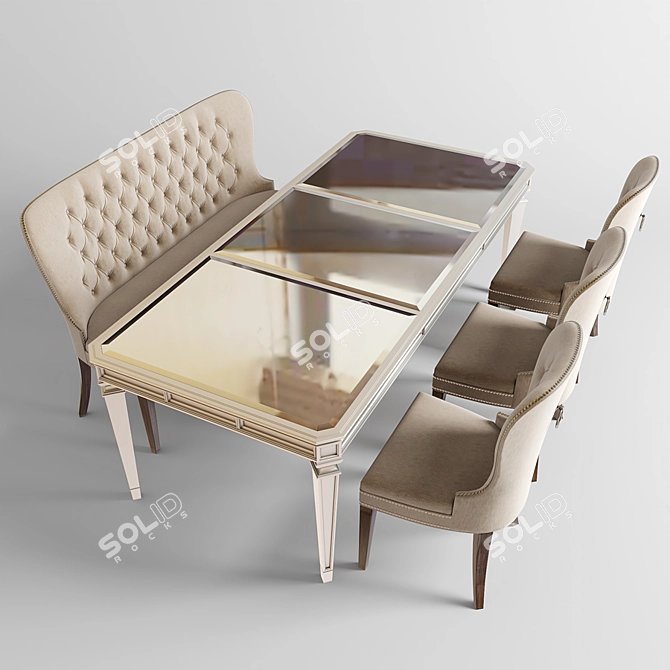 Classic Dining Table Set with Chairs and Bench 3D model image 2