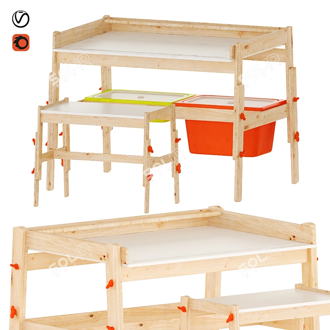 Adjustable Children's Desk & Bench Set 3D model image 1