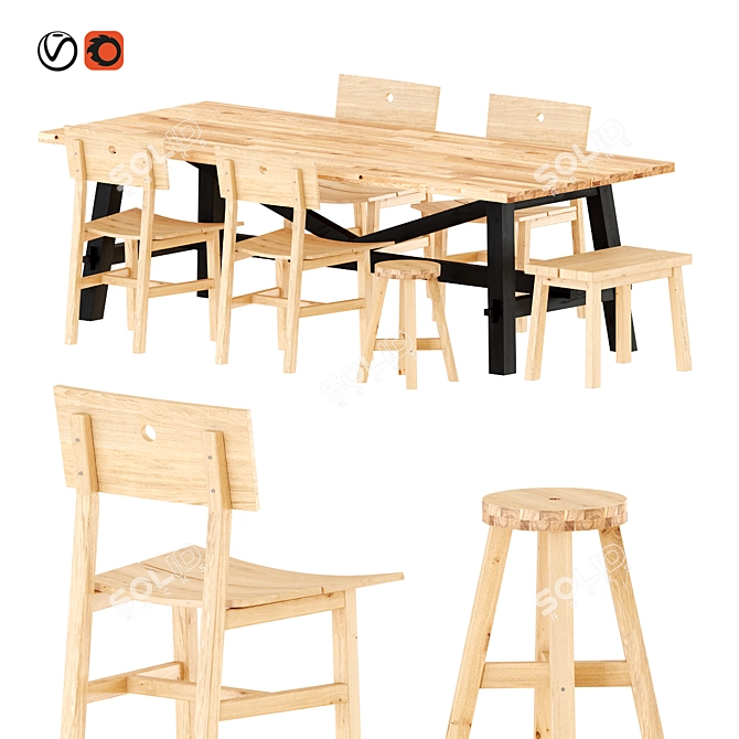 Acacia Dining Set: Table & Chairs 3D model image 1