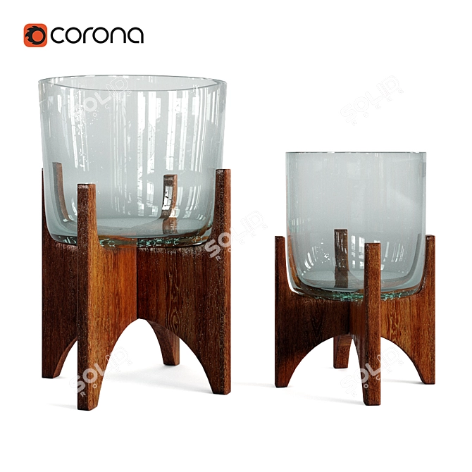 Stunning Glass Planters with Wooden Stand 3D model image 1