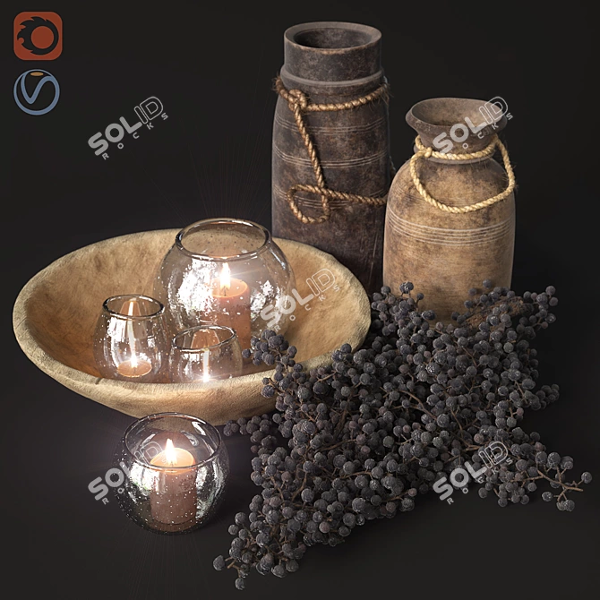 Vintage Decorative Set: Lanterns, Metal Pieces, Wooden Jug & Bowl 3D model image 1