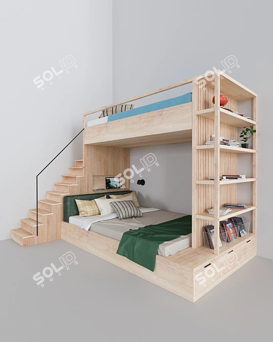 Double Decker Bunk Bed with Bookshelves 3D model image 1