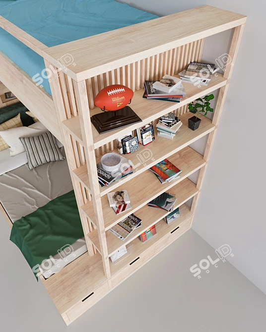 Double Decker Bunk Bed with Bookshelves 3D model image 2