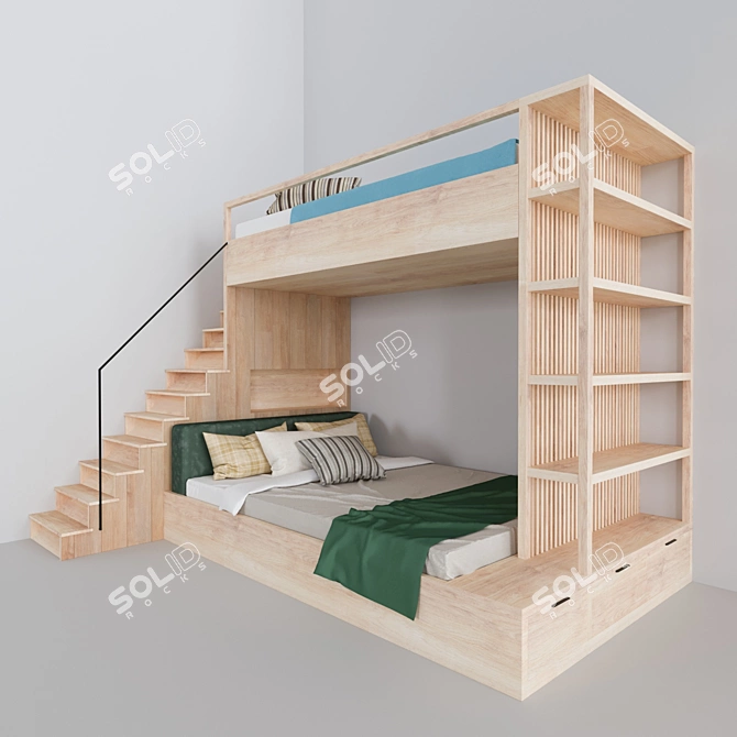 Double Decker Bunk Bed with Bookshelves 3D model image 7