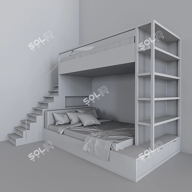 Double Decker Bunk Bed with Bookshelves 3D model image 9