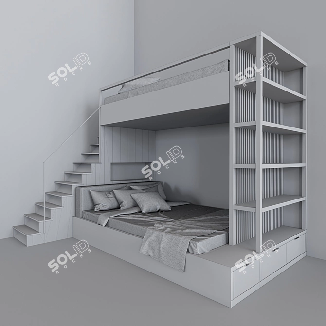 Double Decker Bunk Bed with Bookshelves 3D model image 10