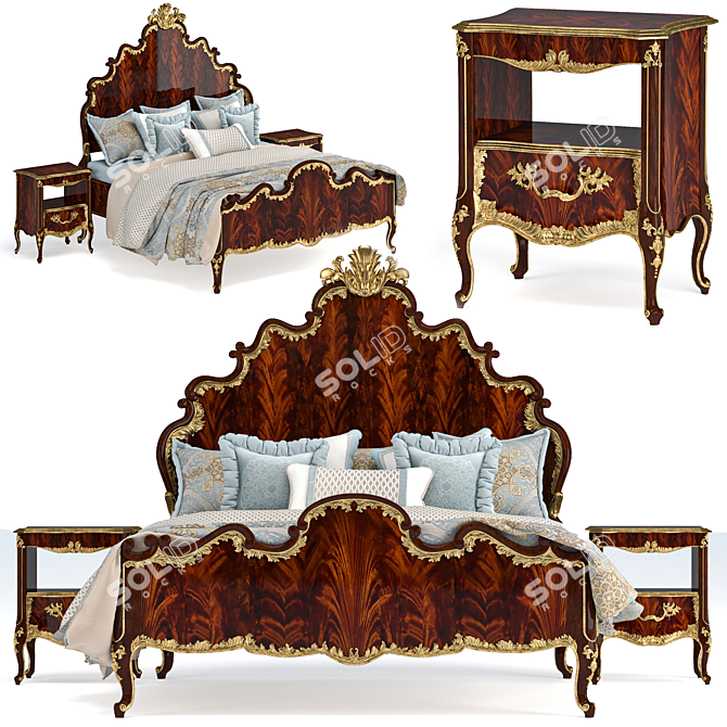 Luxury Mahogany Bed with Gilded Nightstand 3D model image 1