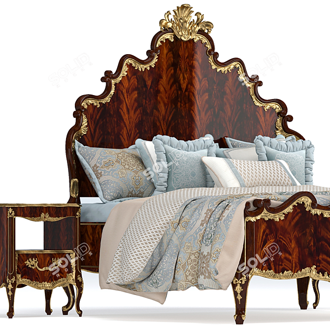 Luxury Mahogany Bed with Gilded Nightstand 3D model image 3