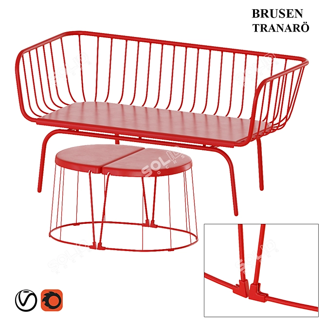 Red Outdoor Bench & Side Table Set 3D model image 1