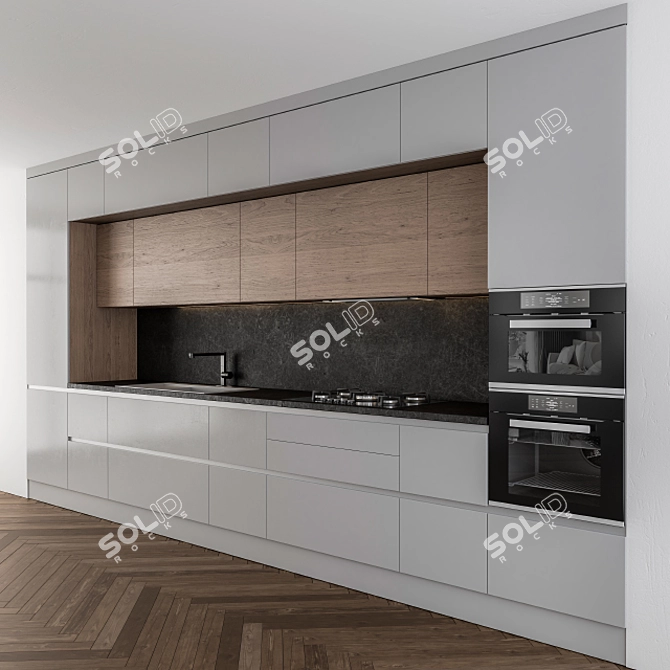 Elegant Gray Wood Kitchen 3D model image 1