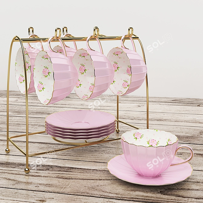 Golden Floral Tea Set 3D model image 1