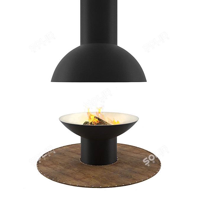 Round Wood-burning Fireplace with Wooden Deck 3D model image 1