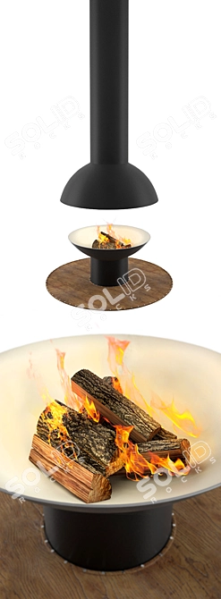 Round Wood-burning Fireplace with Wooden Deck 3D model image 2