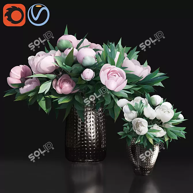 Elegant Pink Peony Metal Vases 3D model image 1