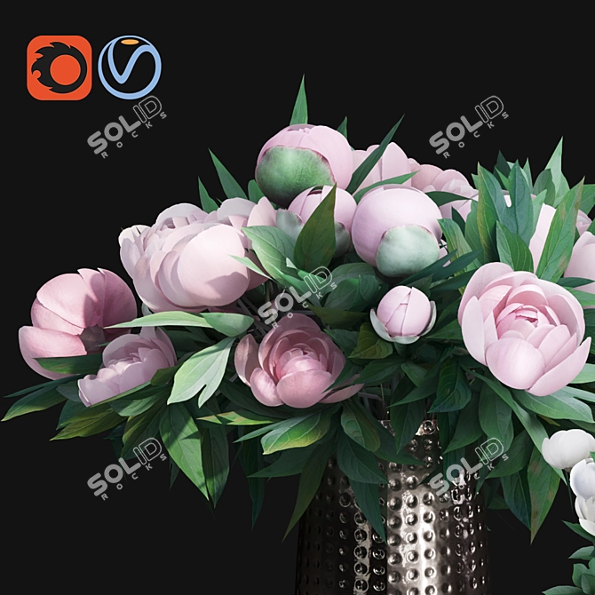 Elegant Pink Peony Metal Vases 3D model image 5