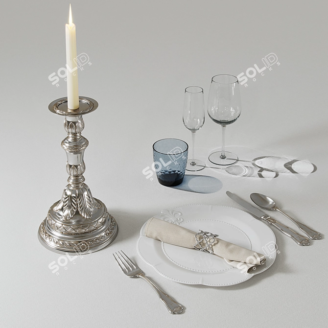 Elegant Table Setting with Candlestick 3D model image 1