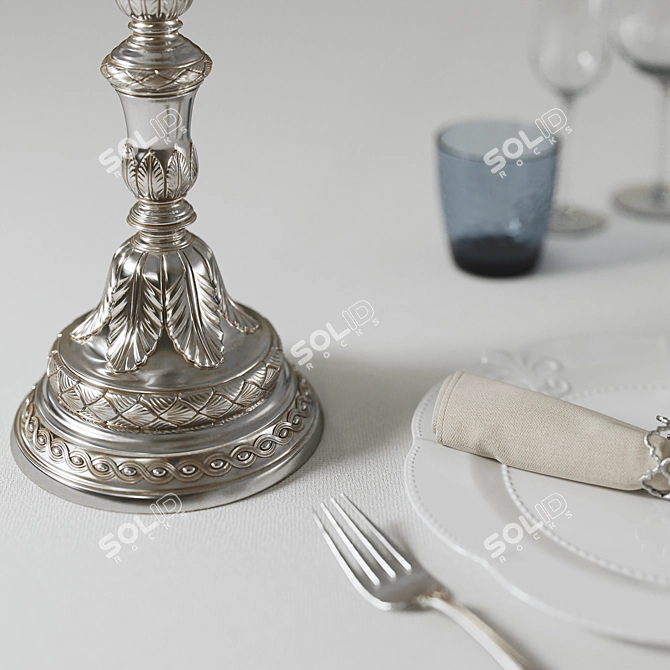 Elegant Table Setting with Candlestick 3D model image 2